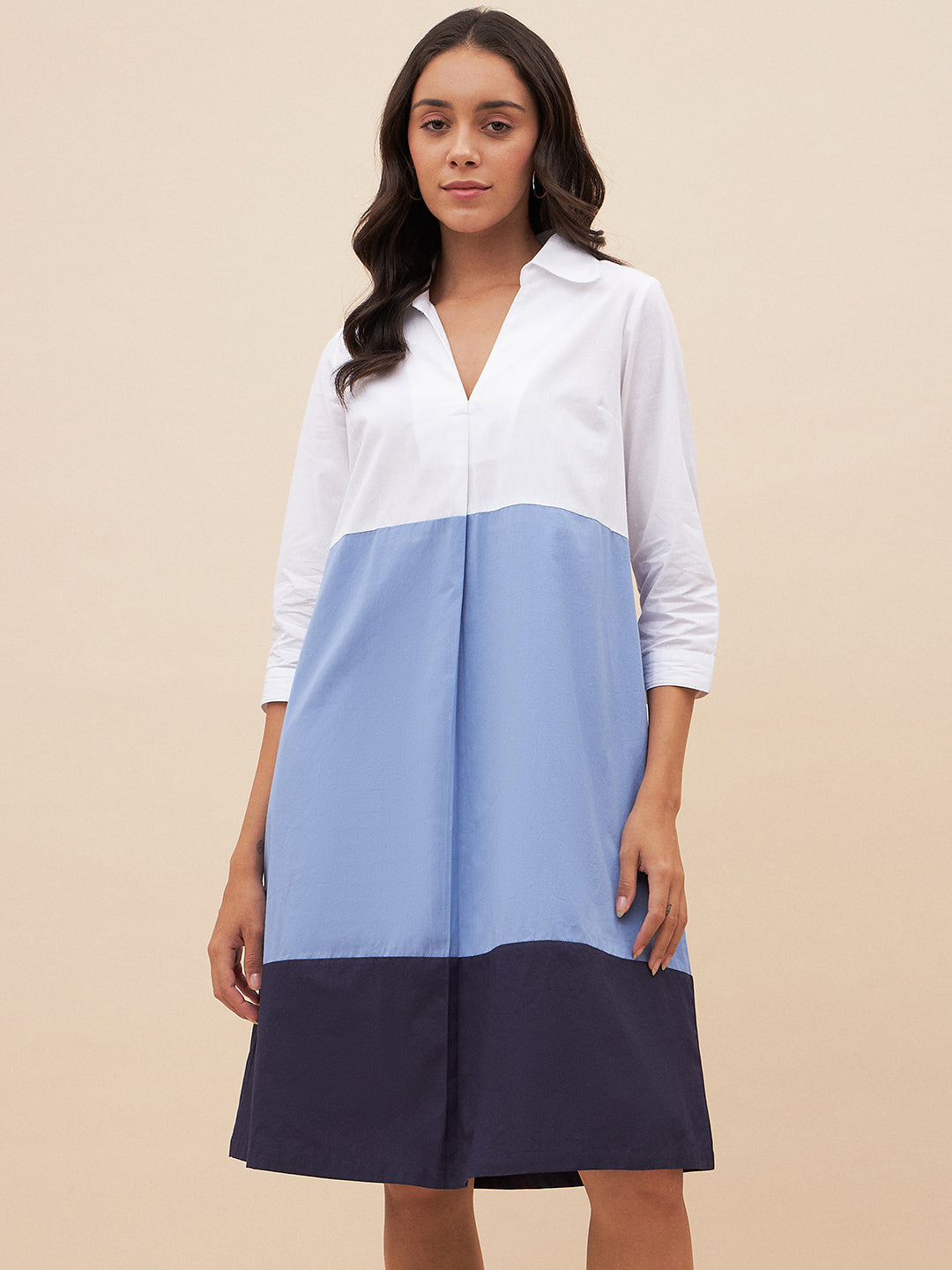 White And Blue Colorblock  Midi Dress