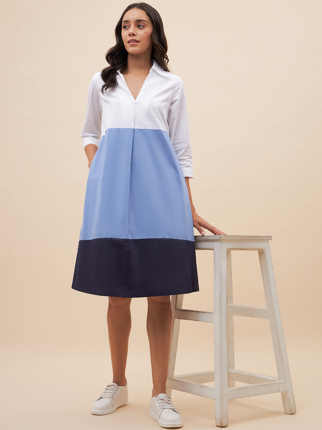 White And Blue Colorblock  Midi Dress