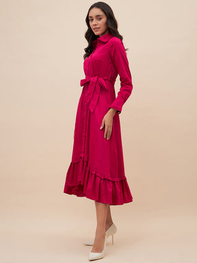 Pink Solid Belted High Low Maxi Dress