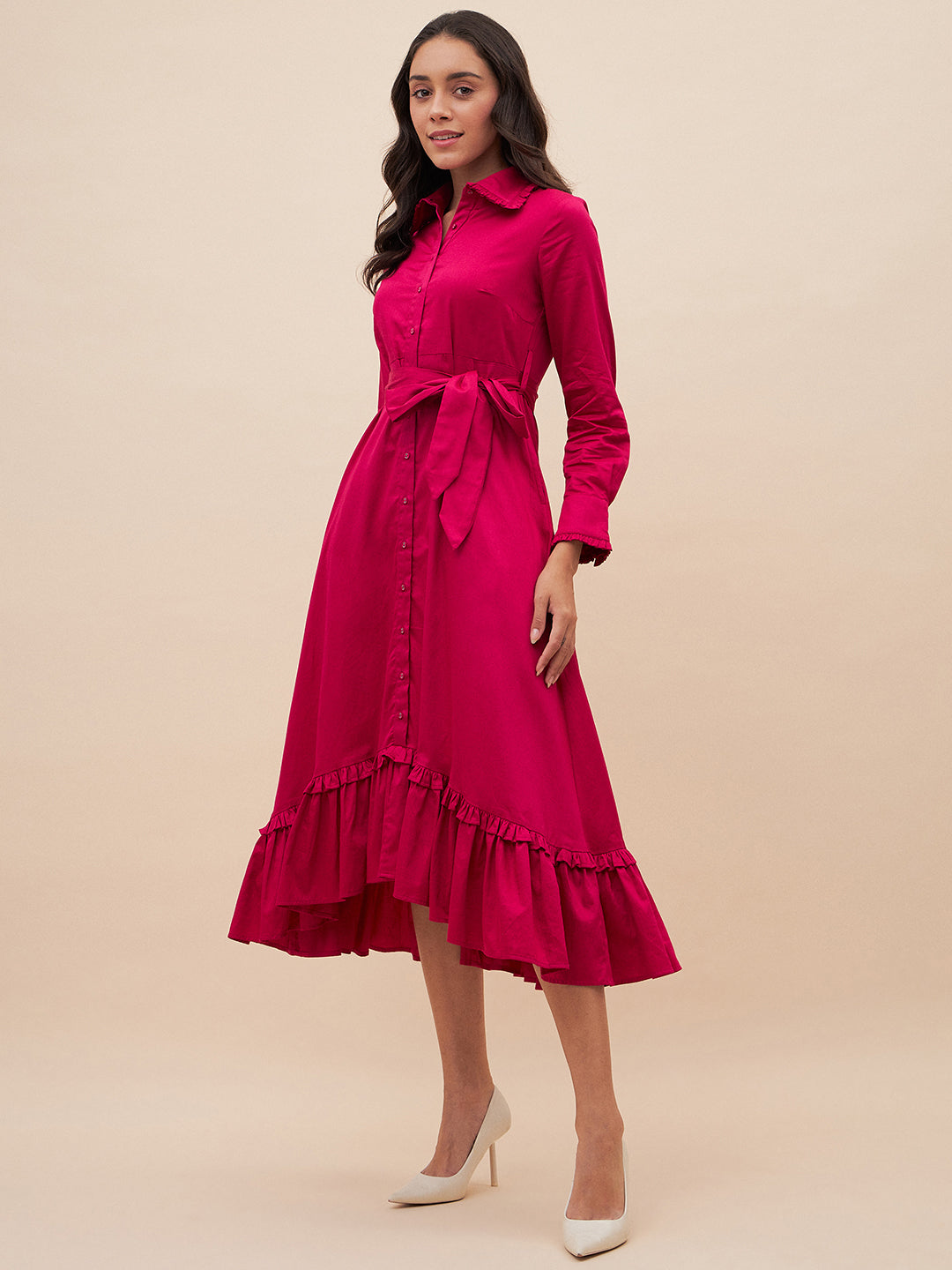 Pink Solid Belted High Low Maxi Dress