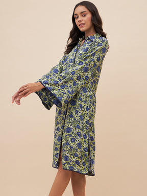 Green & Blue Floral Print Shirt Dress