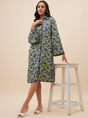 Green & Blue Floral Print Shirt Dress