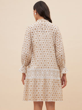 Beige Schiffli A Line Knee Length  Dress