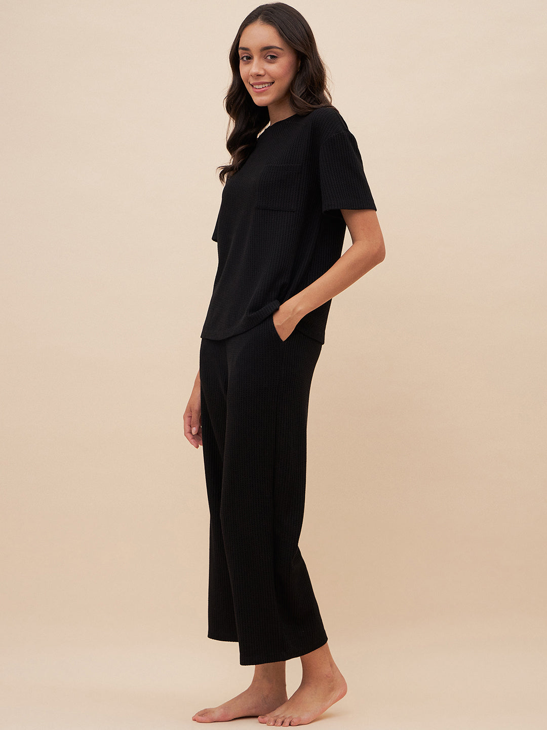 Black Waffle Jersey Two Piece Set