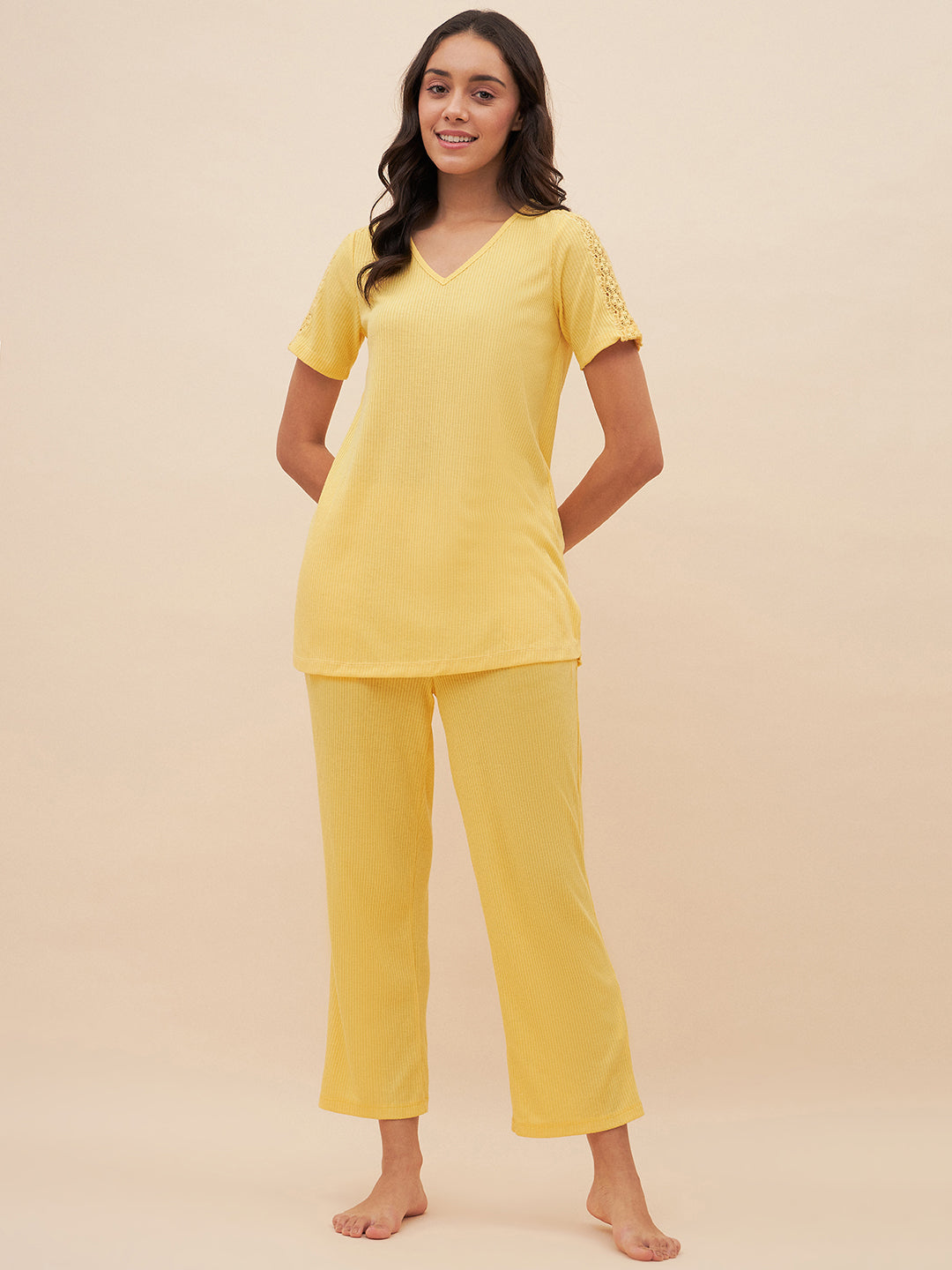 Yellow Rib Knit Lace Pyjama Set