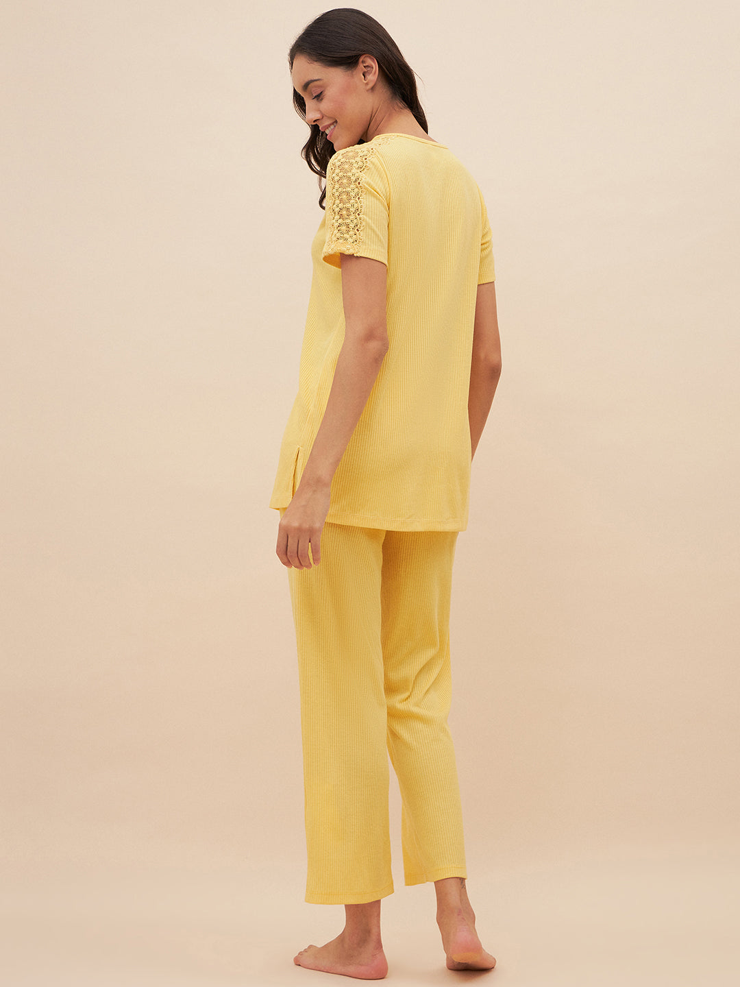 Yellow Rib Knit Lace Pyjama Set