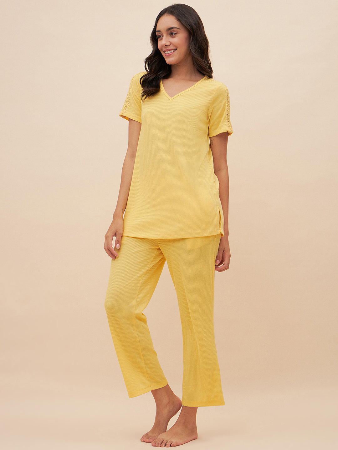 Yellow Rib Knit Lace Pyjama Set