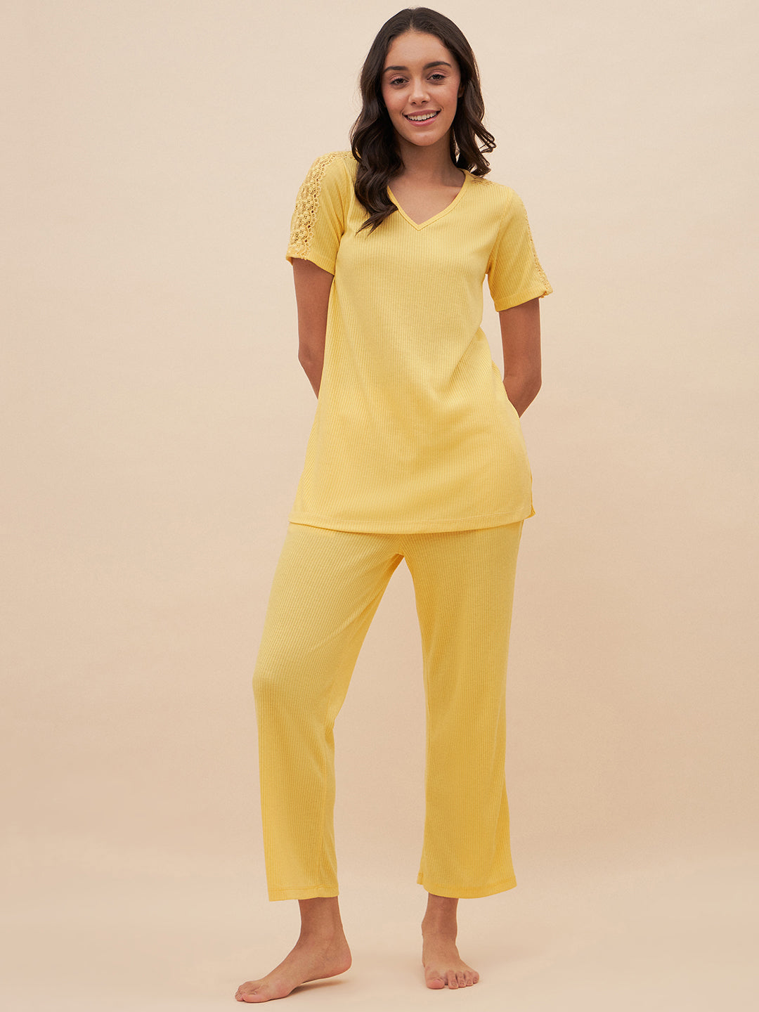 Yellow Rib Knit Lace Pyjama Set