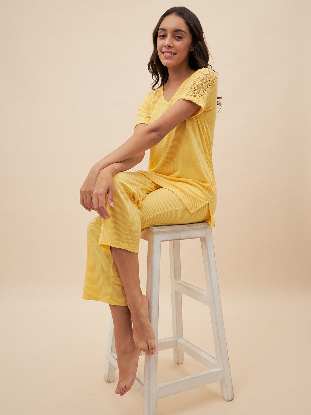 Yellow Rib Knit Lace Pyjama Set