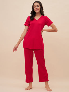 Pink Rib Knit Lace Pyjama Set