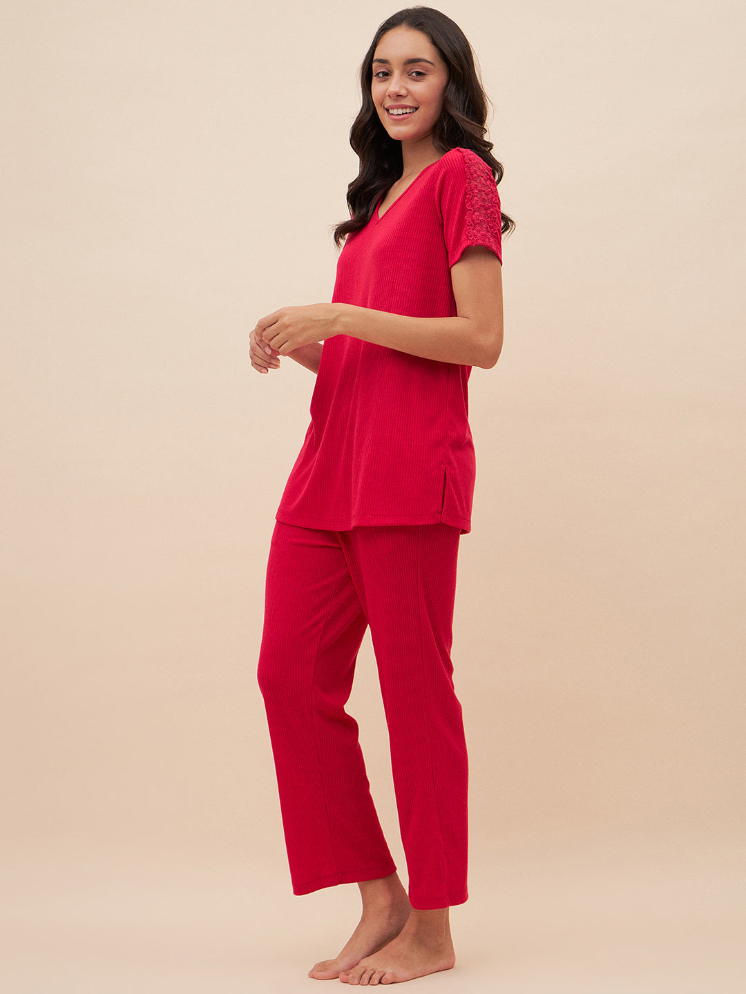Pink Rib Knit Lace Pyjama Set