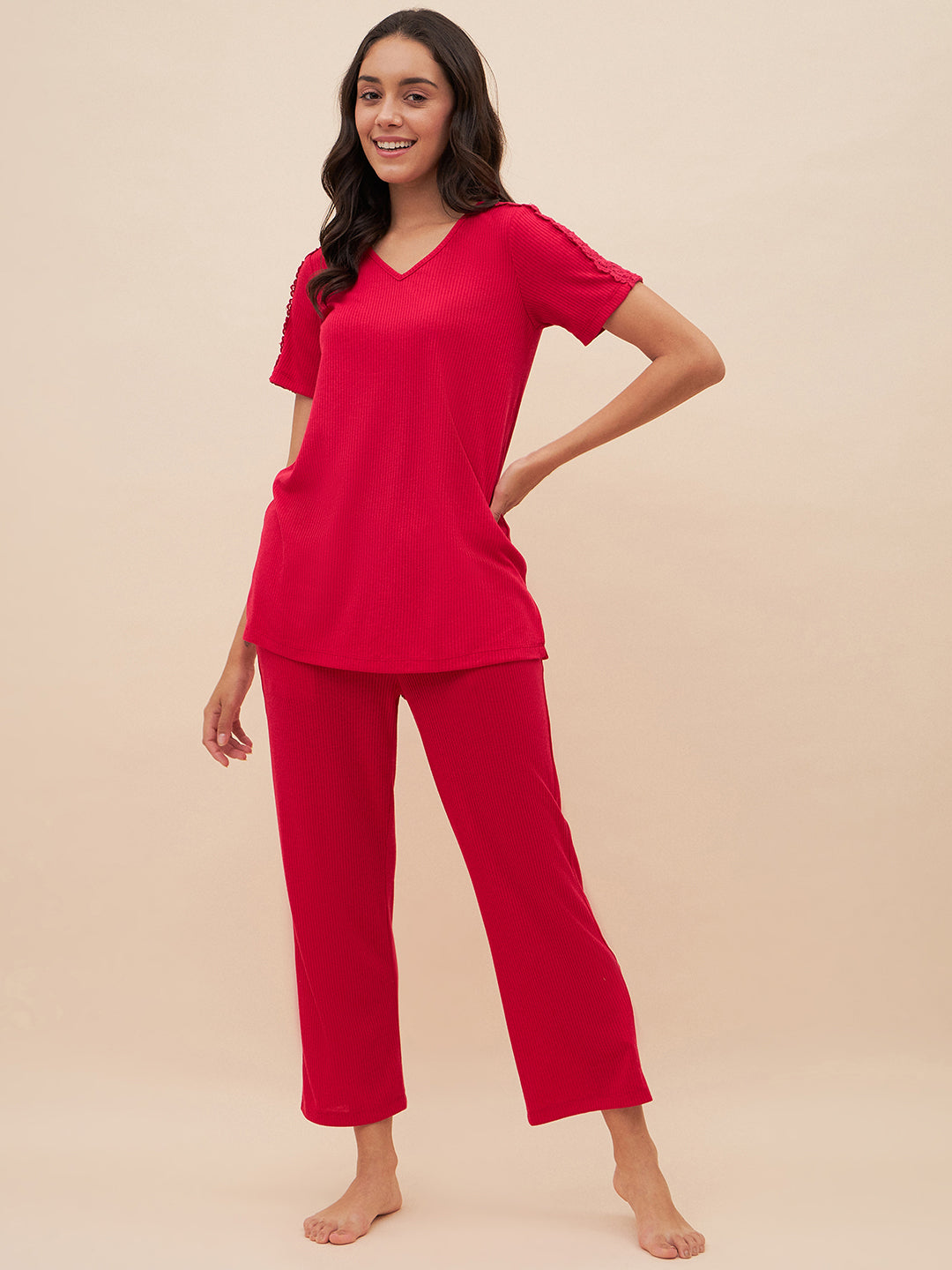 Pink Rib Knit Lace Pyjama Set