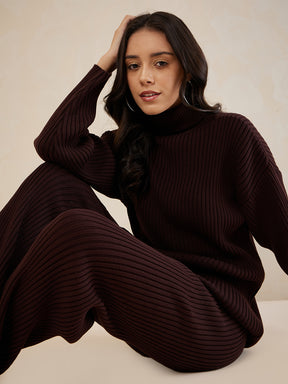 Brown Solid Highneck Co-Ord Set