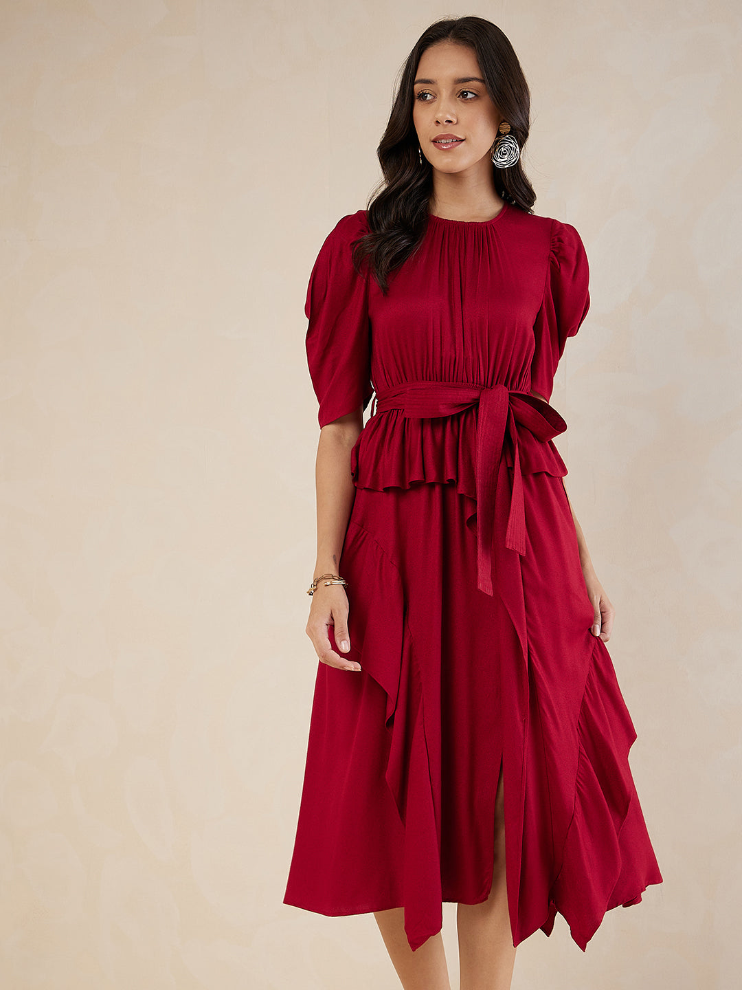 Red Asymmetric Tiered Belted Midi Dress