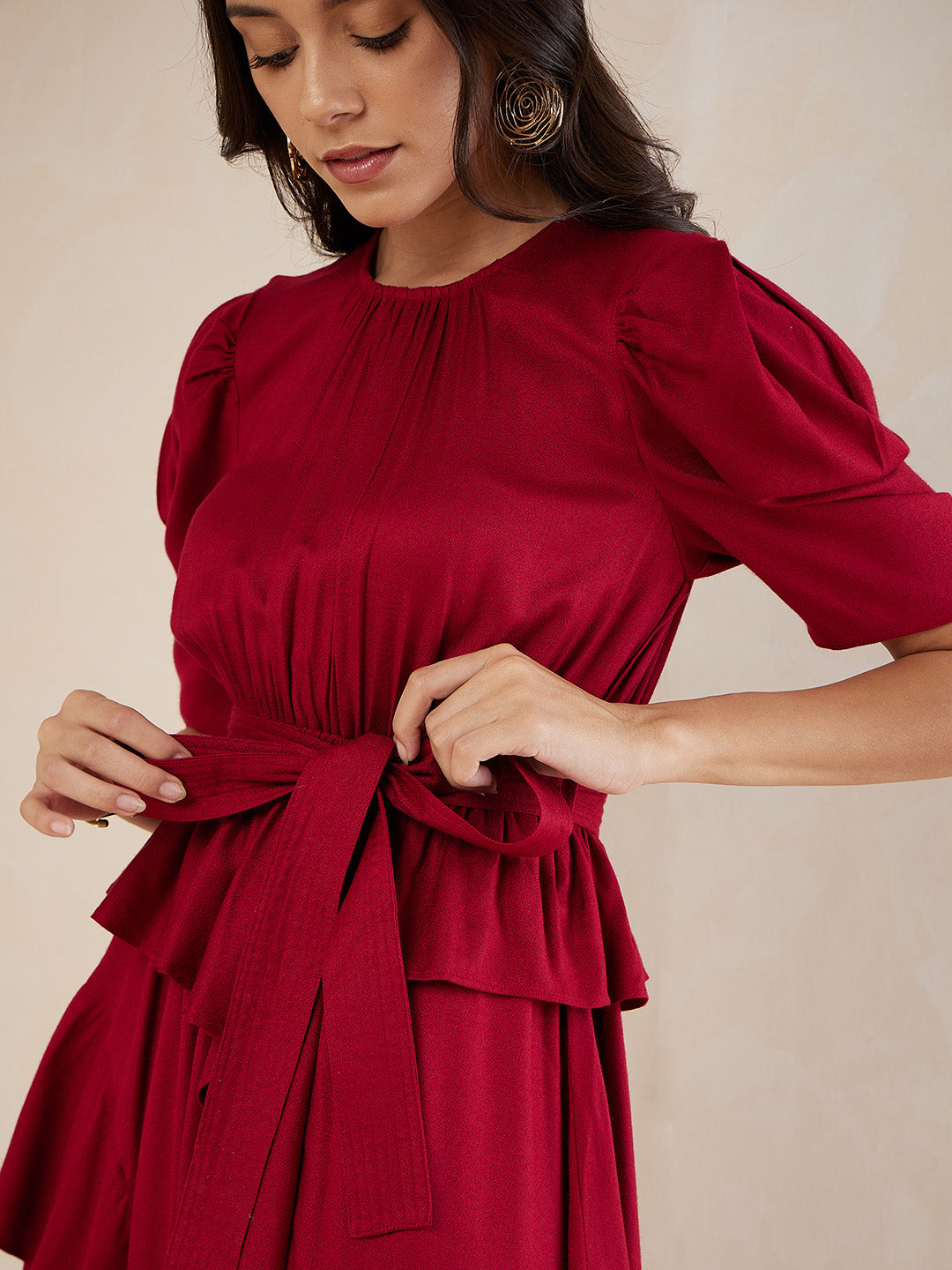 Red Asymmetric Tiered Belted Midi Dress