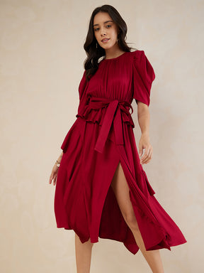 Red Asymmetric Tiered Belted Midi Dress