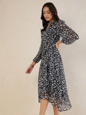 Black And White Floral Wrap Midi Dress