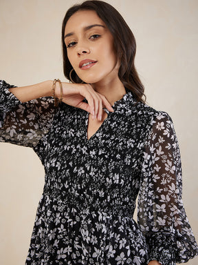 Black Ditsy Floral Smocked Maxi Dress