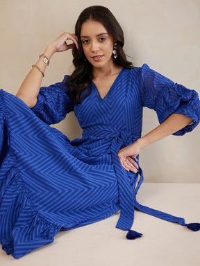 Blue Chevron Dobby Lace Detail Belted Maxi Dress