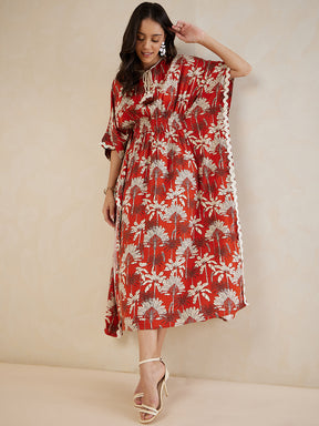 Rust Palm Print Lace Detail Kaftan