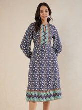 Blue Floral Border Printed Tiered Midi Dress