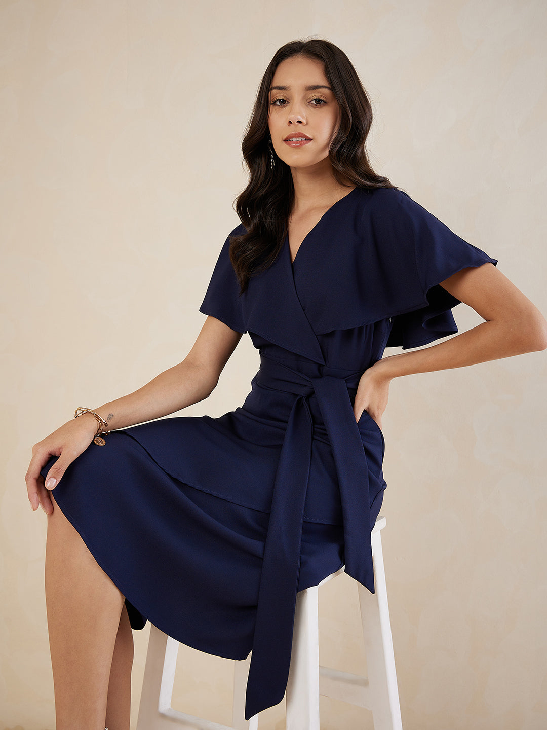 Navy Kimono Wrap Belted Midi Dress