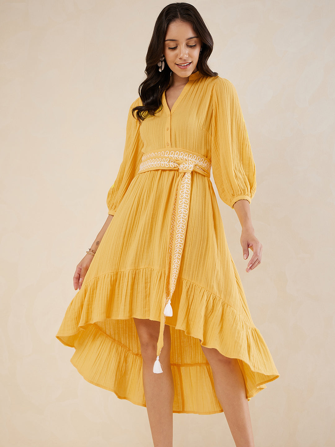 Yellow Solid Embroidered Belt Detail High Low Midi Dress