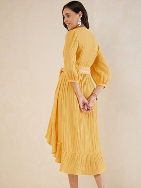 Yellow Solid Embroidered Belt Detail High Low Midi Dress