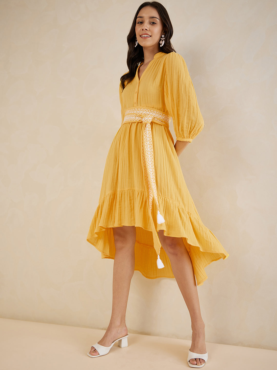 Yellow Solid Embroidered Belt Detail High Low Midi Dress