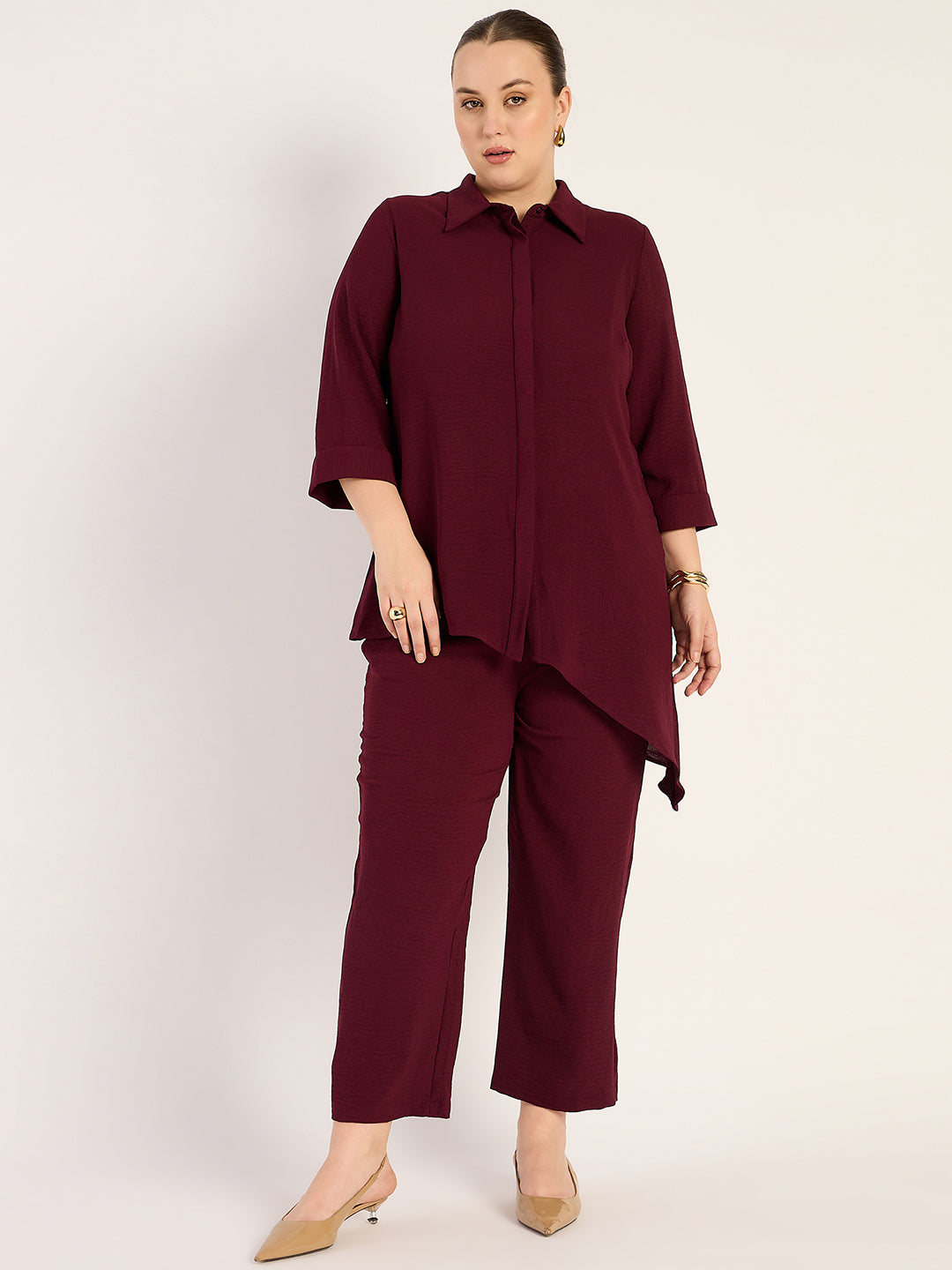 Wine Asymmetric Shirt And Pants Co-Ord Set