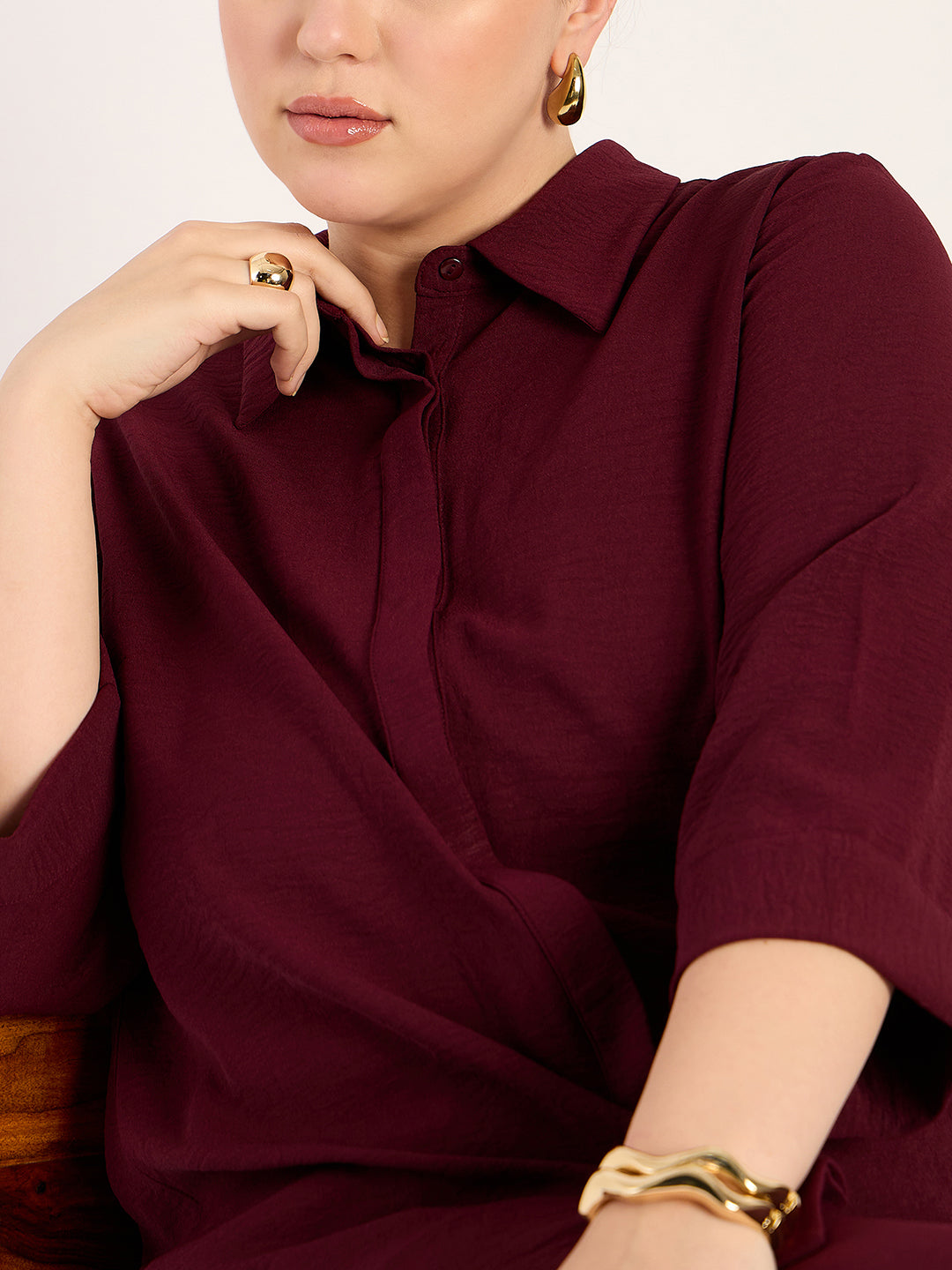 Wine Asymmetric Shirt And Pants Co-Ord Set