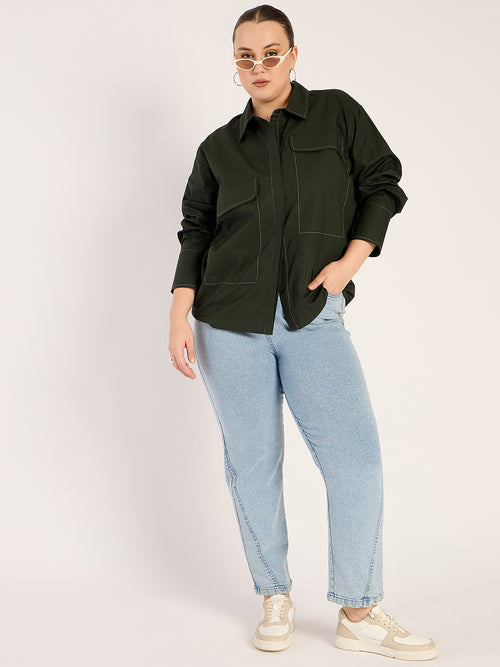 Olive Stitch Detailing Poplin Shirt