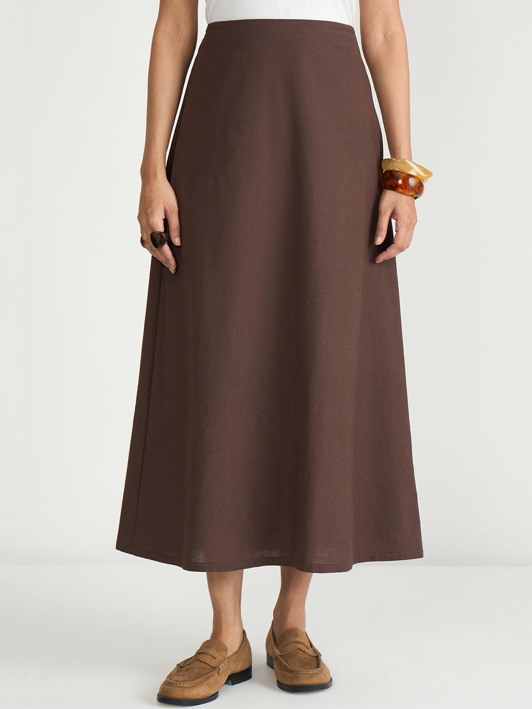 Coffee Brown Cotton Linen A Line Skirt
