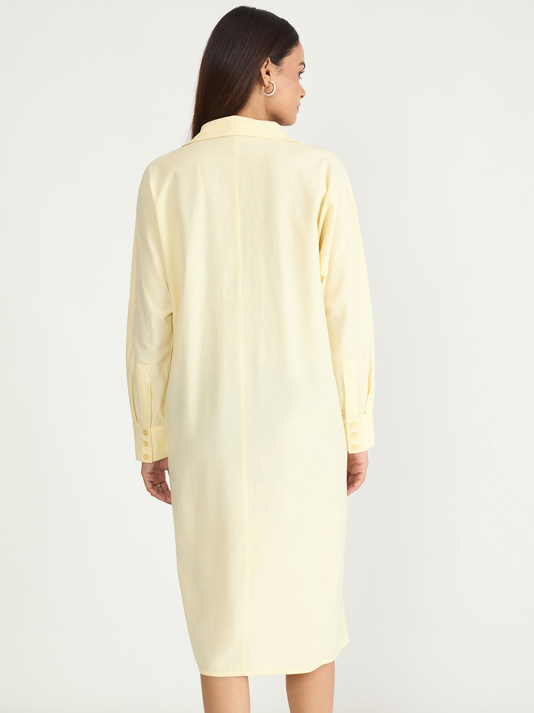 Butter Yellow Cotton Linen Button Down Midi Dress