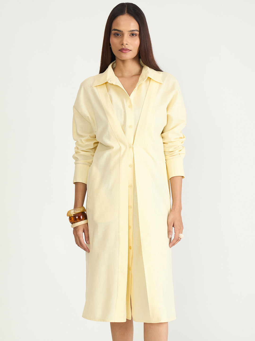 Butter Yellow Cotton Linen Button Down Midi Dress