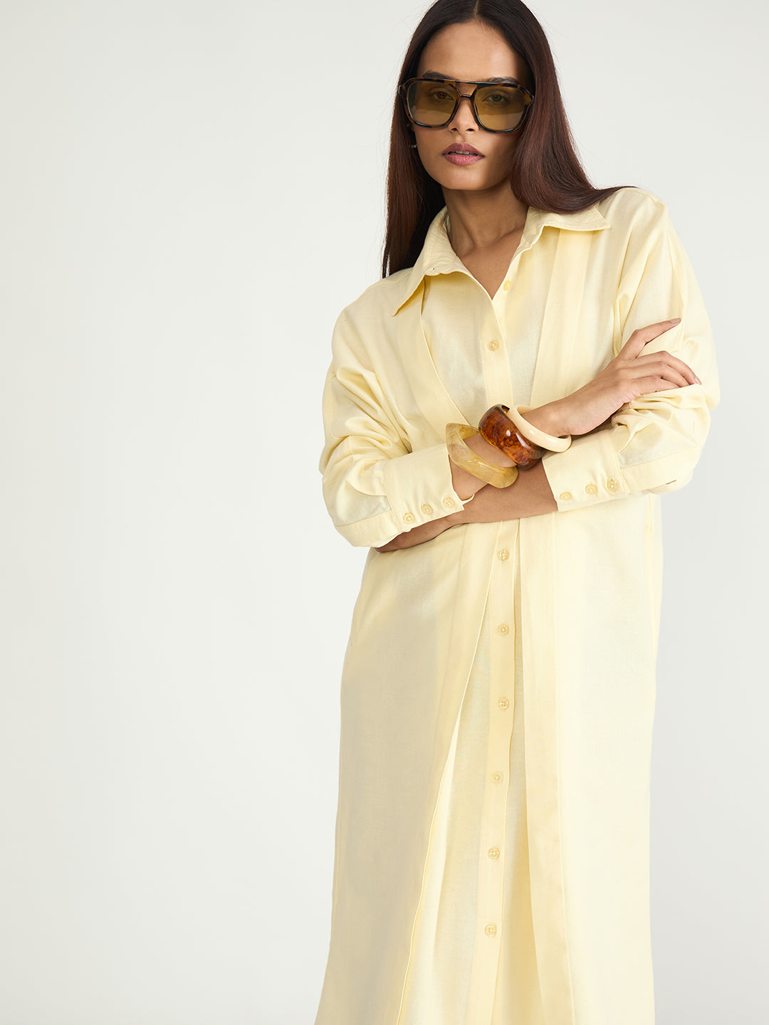 Butter Yellow Cotton Linen Button Down Midi Dress