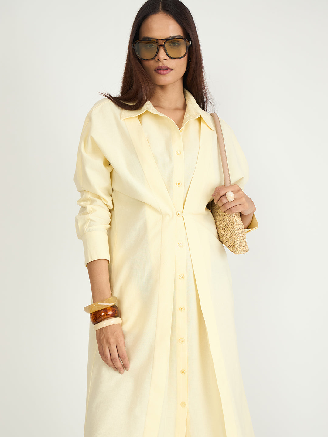 Butter Yellow Cotton Linen Button Down Midi Dress