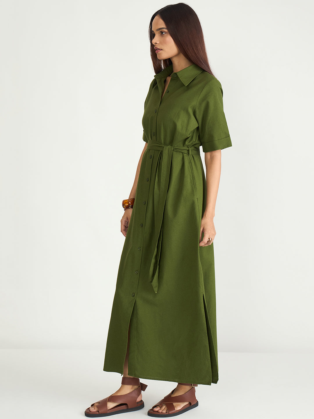 Olive Cotton Linen Maxi Shirt Dress