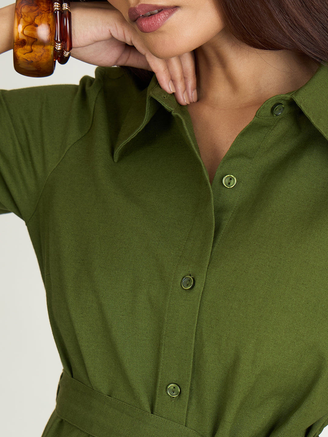 Olive Cotton Linen Maxi Shirt Dress