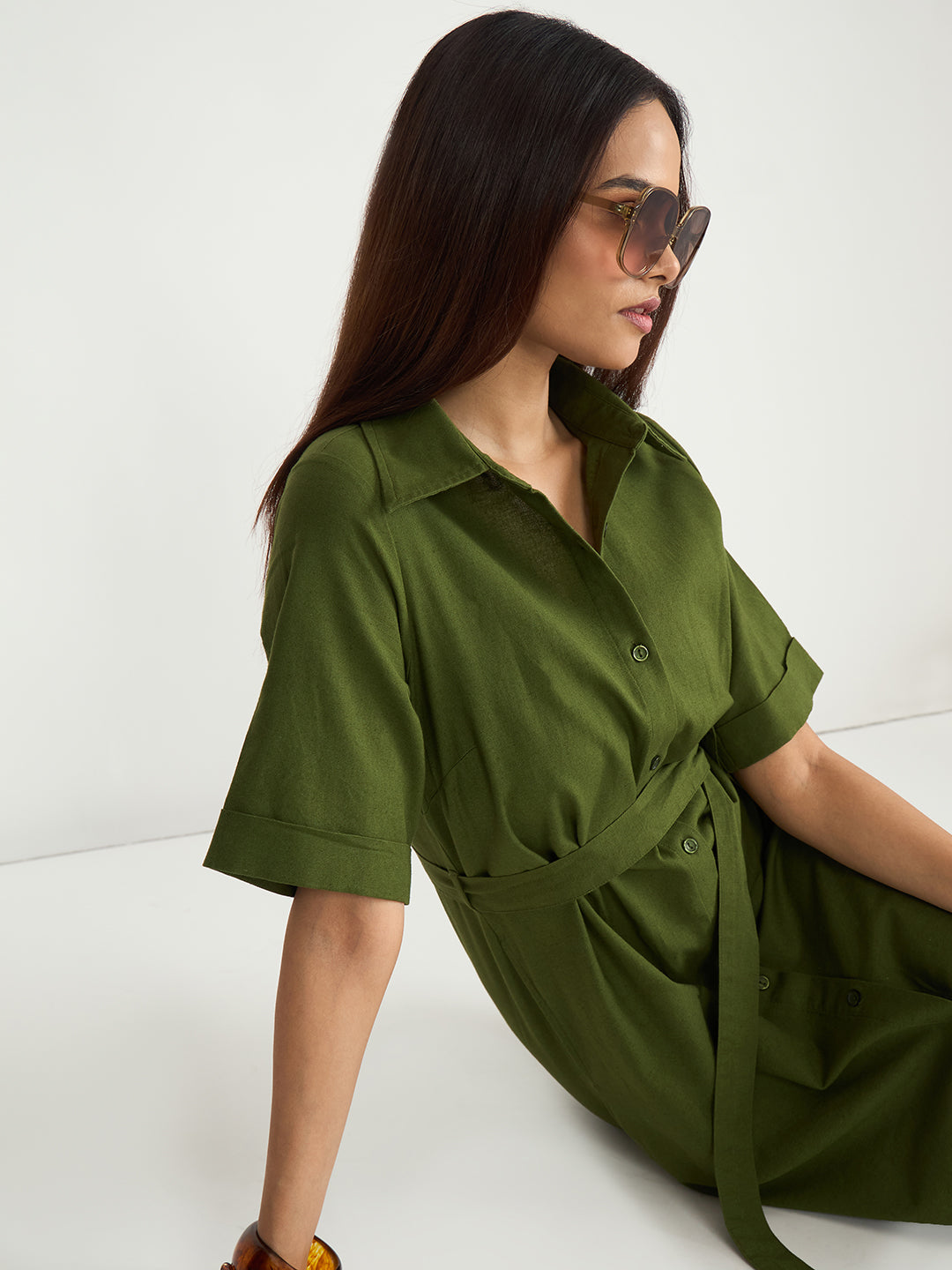 Olive Cotton Linen Maxi Shirt Dress