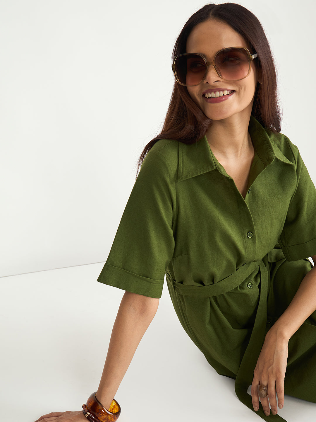 Olive Cotton Linen Maxi Shirt Dress