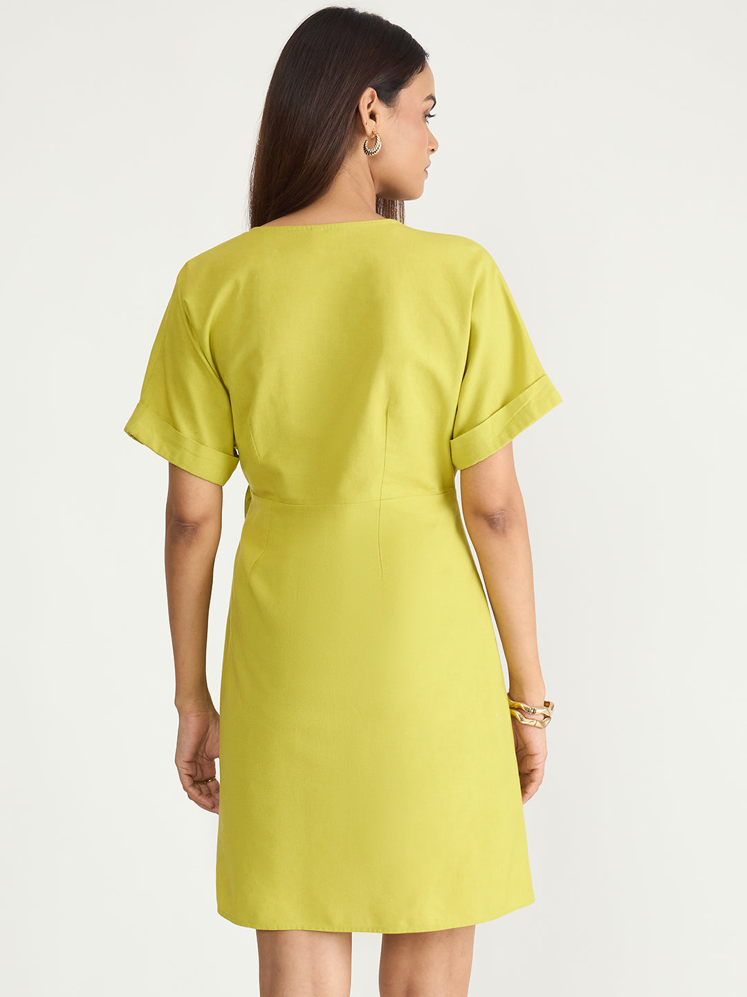 Citrine Green Cotton Linen Wrap Mini Dress