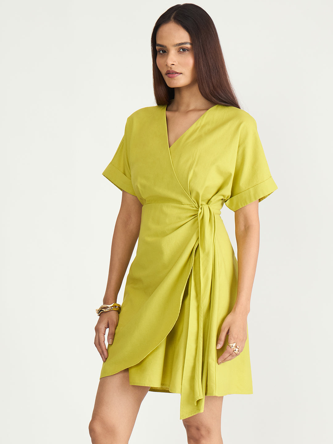 Citrine Green Cotton Linen Wrap Mini Dress