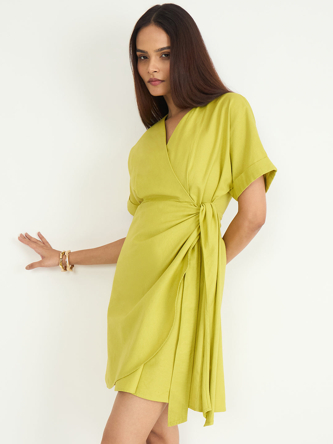Citrine Green Cotton Linen Wrap Mini Dress