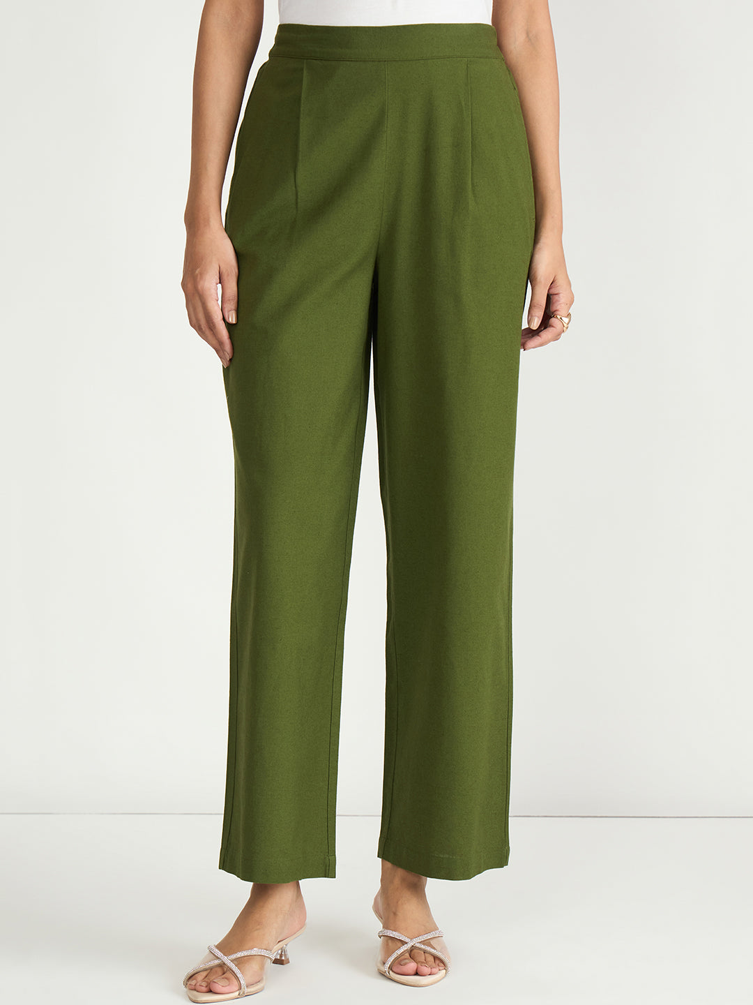 Olive Cotton Linen Straight Pants