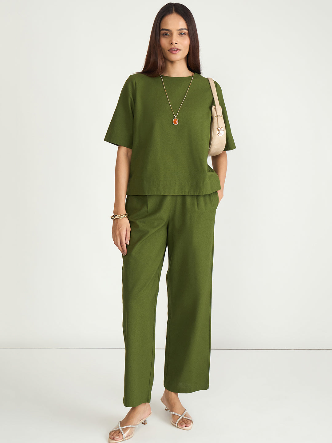 Olive Cotton Linen Straight Pants