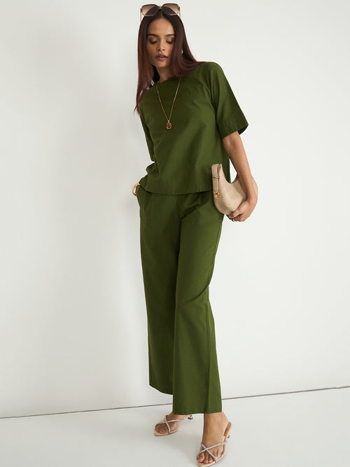Olive Cotton Linen Easy Fit Top