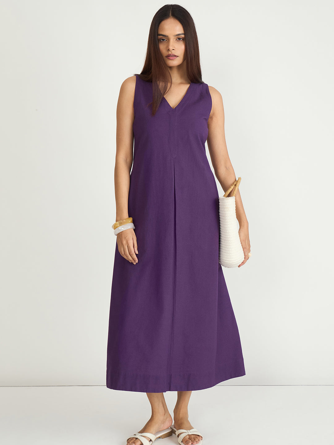 Deep Purple Cotton Linen A Line Maxi Dress