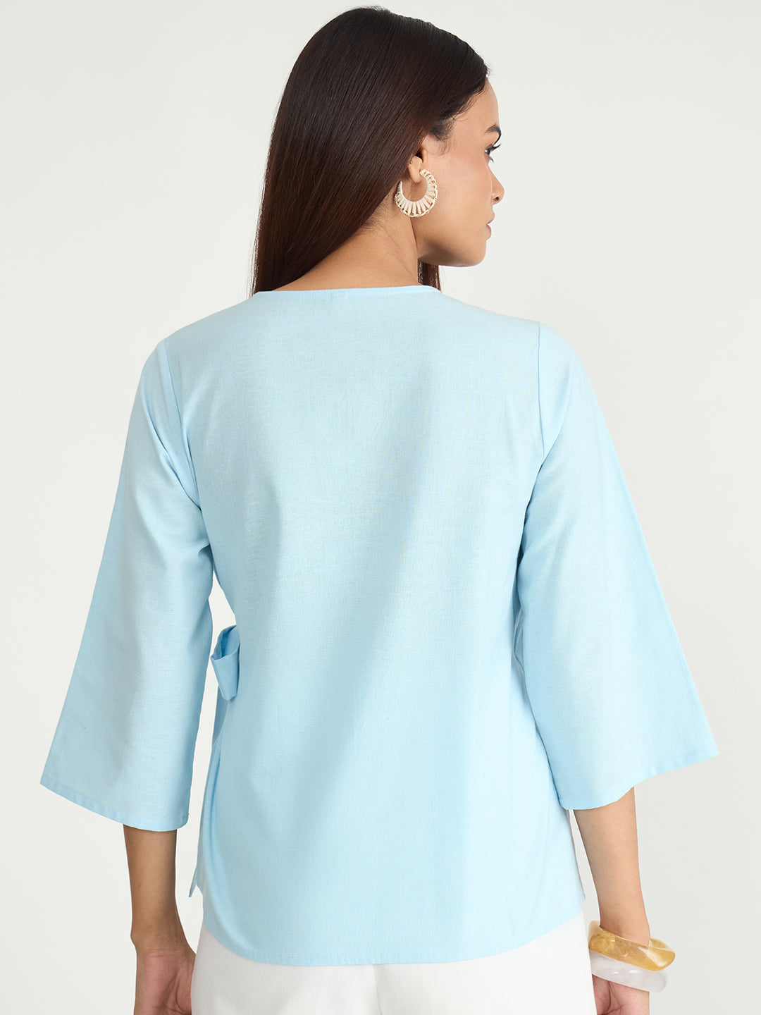 Light Blue Cotton Linen Wrap Top
