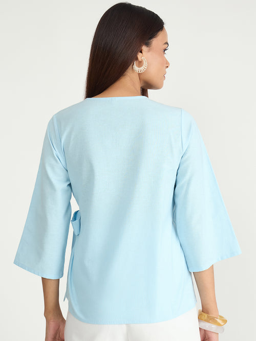 Light Blue Cotton Linen Wrap Top